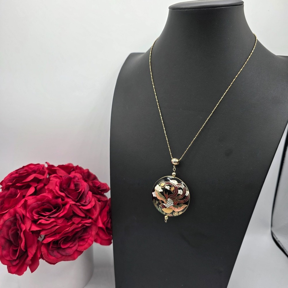 Vintage Cloisonne Pendant Necklace Phoenix Motif Gold Tone Chain Estate Jewelry